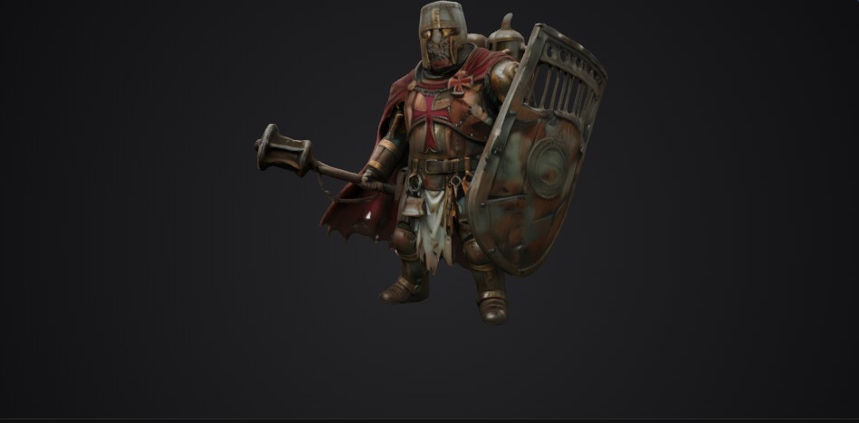 Ironwarden automaton with a worn shield and red cloak